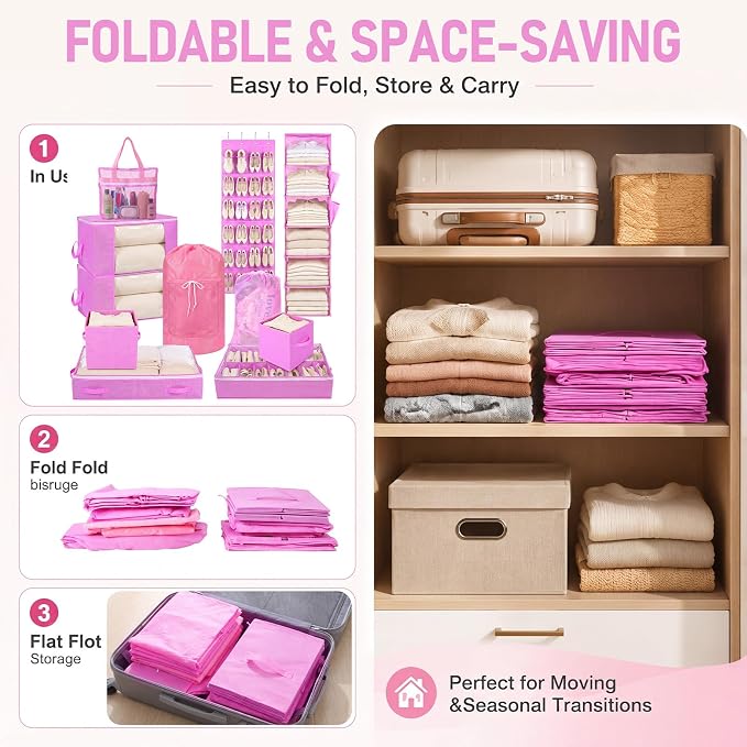 Briwooody 11 Pcs College Dorm Storage Set, Dorm Organizer Kit with Closet Organizer, Over Door Shoe Rack, Under Bed Storage Bags, Laundry Backpack, Shower Caddy, Collapsible Bins(Pink)