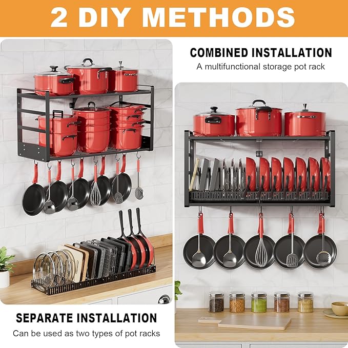 31 Inch Pot Rack Wall Mounted, 2-Tier Pots and Pans Organizer with 20 Hooks & Pan Organizer and Spice Rack, Heavy Duty Hanging Pot Hanger for Kitchen (with Multi Slots & Pot Lid Holder)