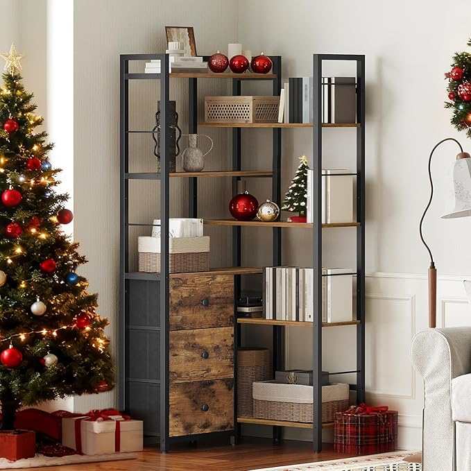 YATINEY Corner Bookshelf, 7 Tier L-Shaped Bookcase with 3 Drawers, Storage Corner Shelf, Freestanding Tall Display Shelf, Industrial Style, for Living Room, Home Office, Rustic Brown and Black SJ10BR
