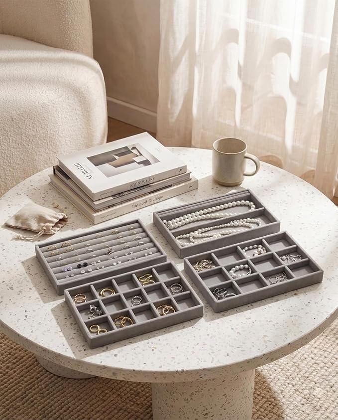 Jewelry Organizer Trays Set of 8,Velvet Jewelry Tray Stackable Storage Drawer Trays for Earring Ring Necklace Jewelry Display Case(8 Set,Gray)