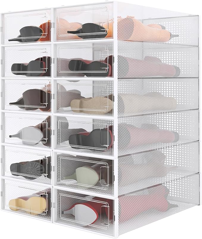 12-Piece Extra Large Boot and Shoe Storage Boxes, Stackable Clear Plastic Shoe Organizer, Space-Saving Shoe Boxes for Boots, Sneakers, and High Heels, Clear