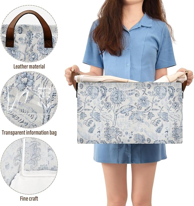 Vintage Blue Floral Rustic Retro Ethnic Storage Bins for Shelves with Labels&Handles Fabric Organizer Bin Foldable Rectangle Storage Basket Boxes for Closet, Bathroom, Home, Living Room, 2 Pack