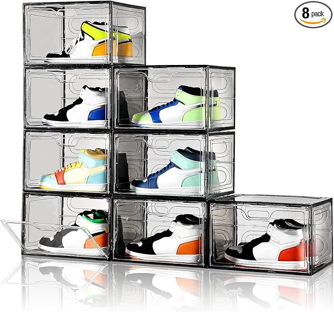 Amllas New Gray 8 Pack Shoe Boxes Stackable, Large Shoe Storage Organizer with Lids,Drop Side Shoe Containers for Entryway,Sneaker Storage Fit up to US Size 13 for Men/Women(13’’x 10.6”x 8.3”)