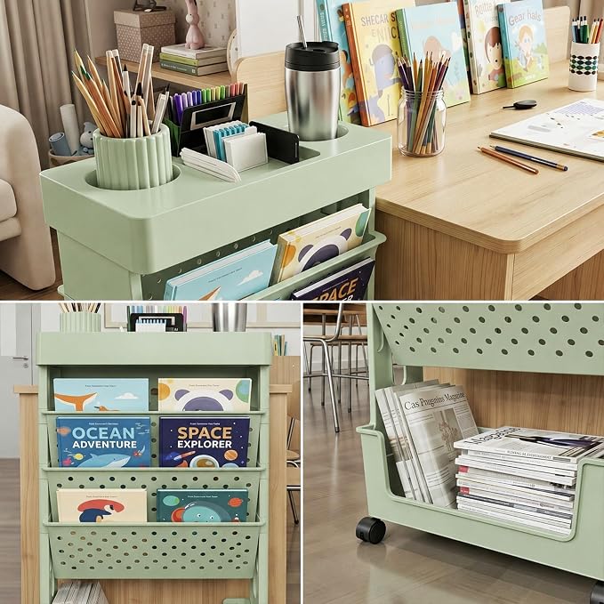 5-Tier Rolling Bookshelf Magazine Rack with Wheels Green | Mobile Bookcase, Book Storage, File Folder Organizer Cart for Home Study Office Living Room Classroom