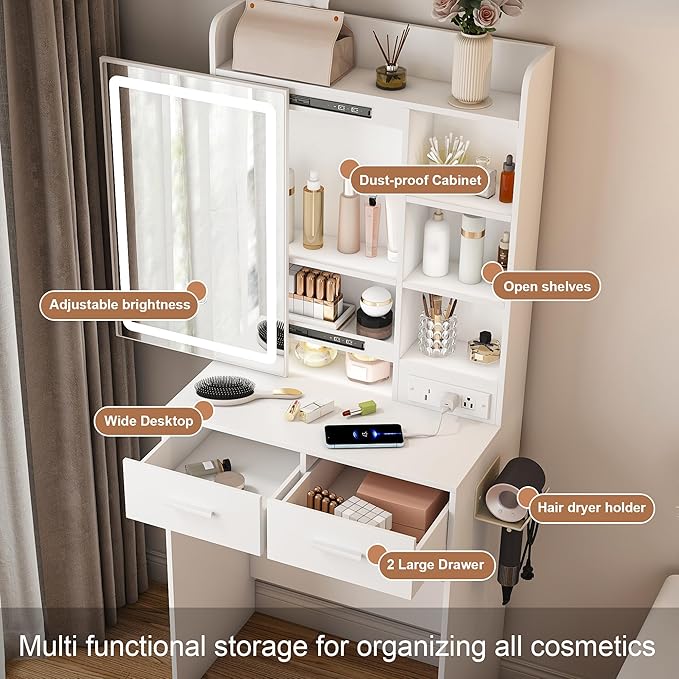Small Makeup Vanity Desk with Mirror and Lights, Vanity Table Set with Storage Drawer & Open Shelves, 3 Lighting Colors, Adjustable Brightness Mini Makeup Vanity with Stool (Style B)