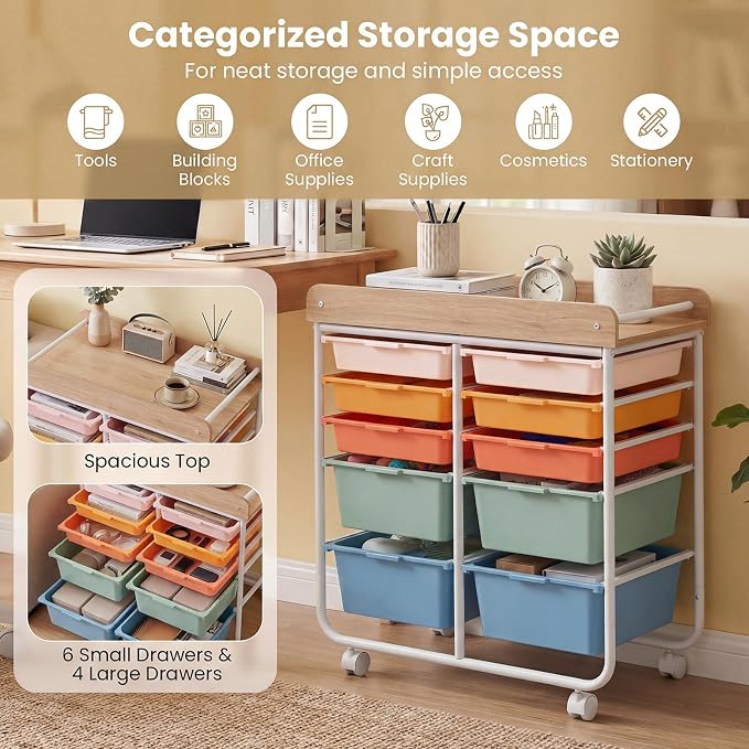 LDAILY Rolling Cart with Drawers, 10 Drawer Rolling Storage Cart with Wooden Tabletop, Metal Frame & Lockable Wheels, Craft Organizers and Storage for Home Office Classroom (Macaron, 10 Drawer)
