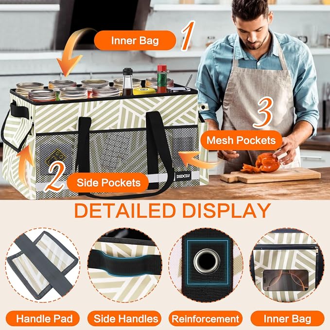 Extra Large Utility Tote Bag with Reflective Strip, Standing Reusable Grocery Bags with Hard Bottom, Collapsible Utility Tote with Handles for Shopping, Beach, Picnics, Car, Striped Gray