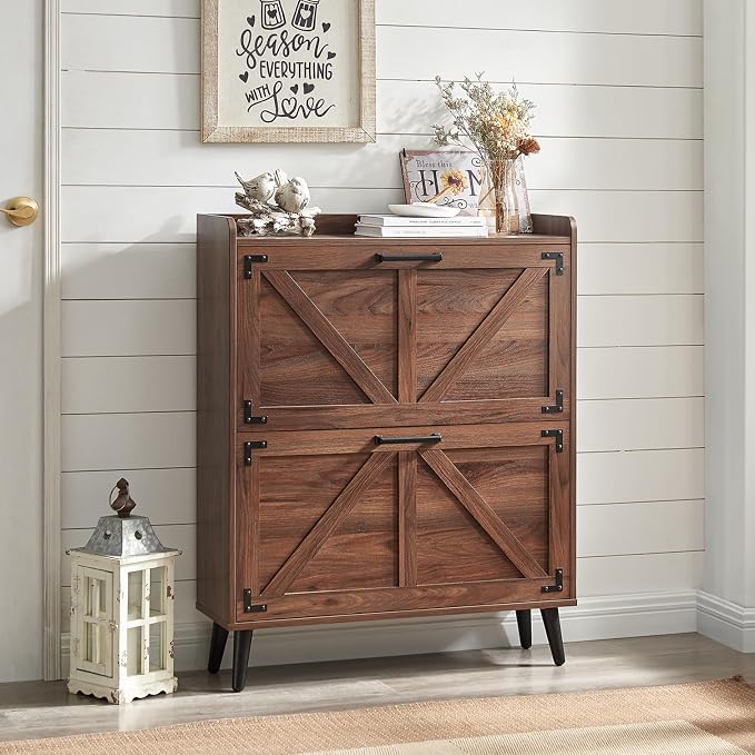 Barnyatoh Shoe Storage Cabinet with 2 Flip Drawers, Farmhouse Hidden Shoe Organizer, Narrow Slim Shoe Rack Cabinet for Entryway Hallway,Walnut