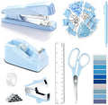 Dimonluce Blue Desk Accessories, Blue Office Supplies Accessories with Tape Dispenser, Stapler, Staple Remover, 1000 Staples, Tape, Clips Set, Ruler, Scissor, Pen