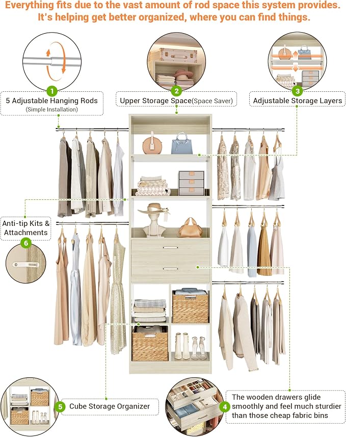 Small Closet System, 3.2-6.8FT Small Closet Organizer with 2 Wooden Drawers & 5 Hanging Rods, Can Fit 37.5 to 81.9 inch Walk-in Closet System, Built-in, Greige Oak, Enclosed Storage Volume 2.32 ft³