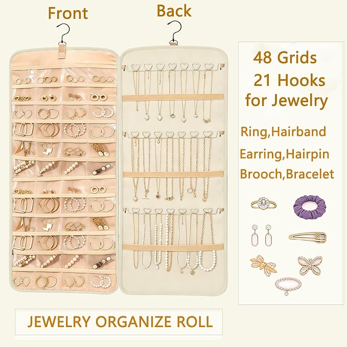 Hanging Jewelry Organizer, Double-Sided Jewelry Organizers and Storage with 48 Pockets and 21 Hooks for Necklaces Earrings Rings, Jewelry Travel Roll Over the Door for Closet Wall (1, White)