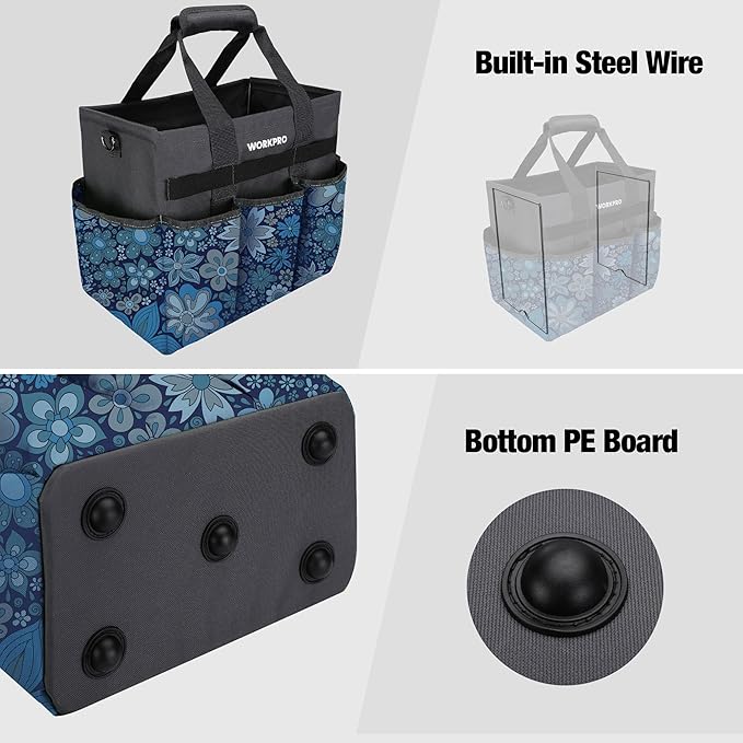 WORKPRO Garden Tool Bag, 10 Pockets and Shoulder Strap, Floral Blue | Heavy Duty Gardening Organizer Tote Bag Standable Garden Home Tool Kits Organizer (Tools are not Included)