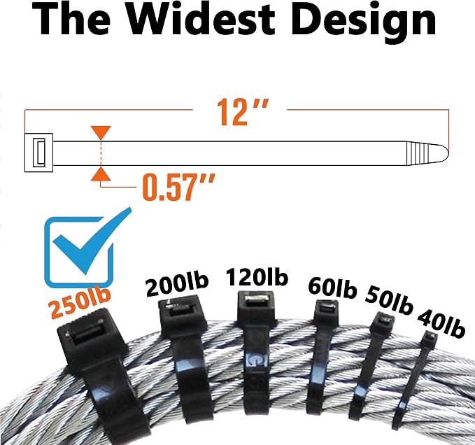 250lb White Zip Ties Heavy Duty 12 Inch Outdoor, Extra Large Cable Tie Wraps Long Plastic Wire Ties Wide Big Strong Thick Clear Zipties 50 Pack