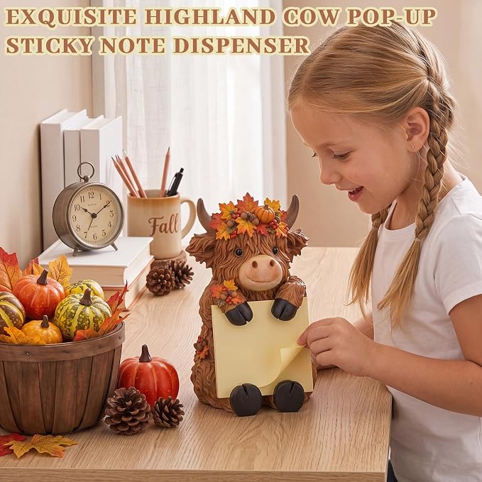 Thenshop Fall Maple Leaves Highland Cow Pop up Sticky Note Holder with Berry Pine Cone Autumn Resin Cow Dispenser with 100 Sheets 3 x 3 Inch Sticky Notes Desk Accessory for Fall Harvest Office Home