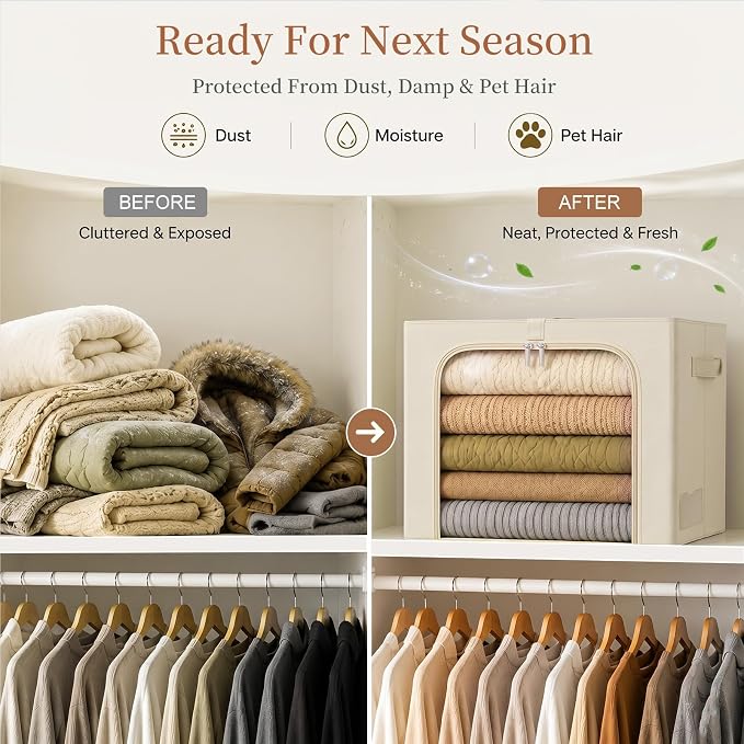 GoMaihe 3 Opening Clothes Storage Bins with Metal Frame, 40L Sweater Storage Organizer for Upper Shelf Closet Storage Boxes with Clear Window for Hoodies Jeans Towel 3-Pack Beige