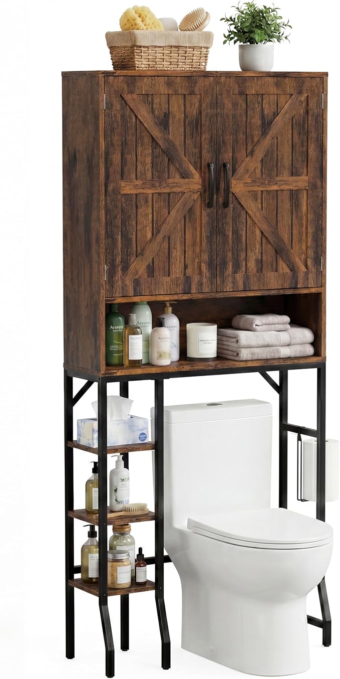 31" Over The Toilet Storage Cabinet with Barn Door,Bathroom Organizers and Storage with Adjustable Shelves, Farmhouse Over Toilet Organizer for Bathroom,Restroom,Laundry,Brown