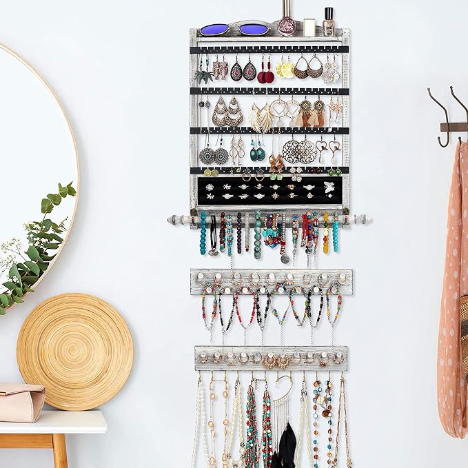 Wall Jewelry Organizer,3Pcs Hanging Jewelry Organizer,Wooden Jewelry Holder | Rustic Wall Mounted Jewelry Organizer and Storage,Wall Jewelry Hanger for Home Jewelry Storage Display