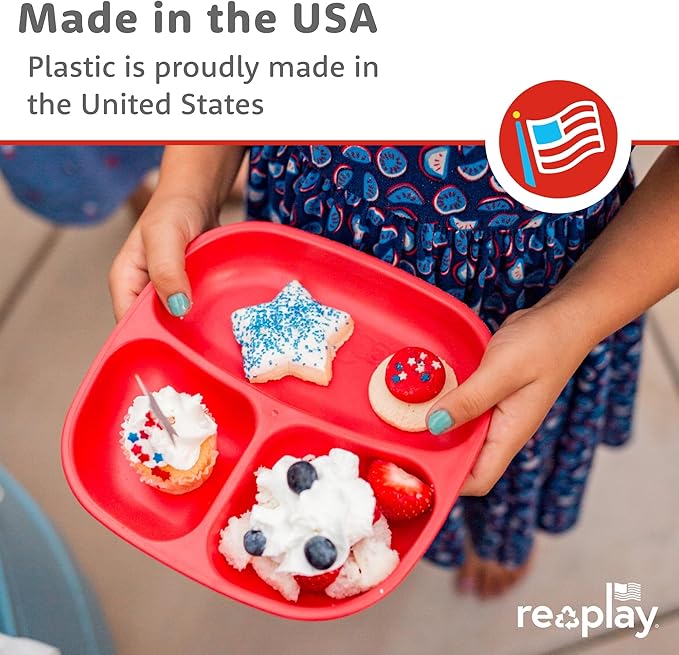 Re-Play Toddler Plates with Dividers - Deep-Walled 3 Compartments Divided Plates for Kids - Dishwasher & Microwave Safe - Made in USA - Set of 4-7.37" x 7.37" x 1.25" - Preschool