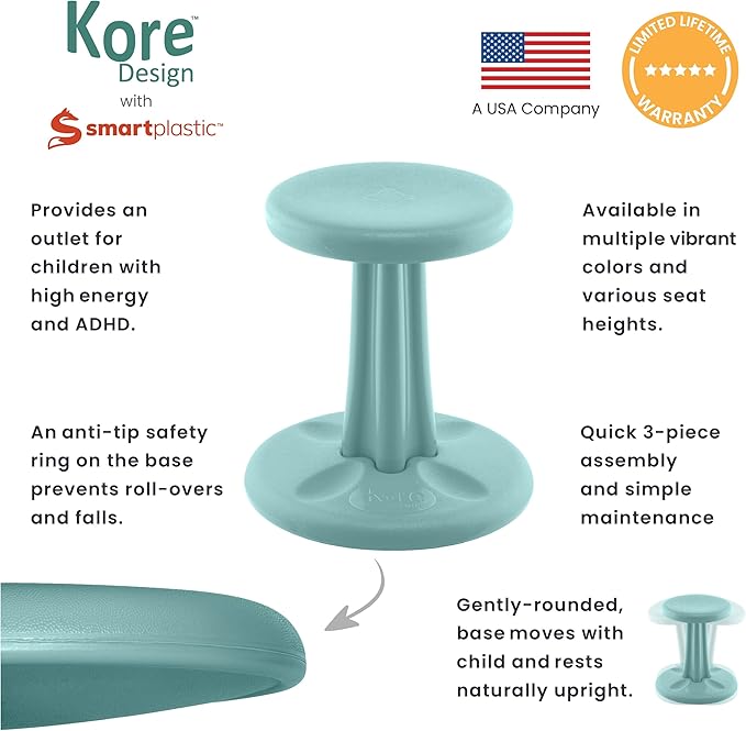 KORE Design Wobble Stool Chair, Girls + Boys Kid Desk Stools, Ergonomic Small Office Chairs, Flexible Seating for Active Child, ADD/ADHD, Classroom, School, Home, Kids (14in), Age 6-7 yrs, Teal