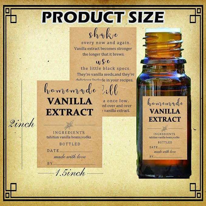 48 Pack Kraft Homemade Vanilla Extract Stickers 1.5×2 inch Square Personalized Vanilla Instruction Labels for Handcrafted Bottles,Jar Kitchen Pantry