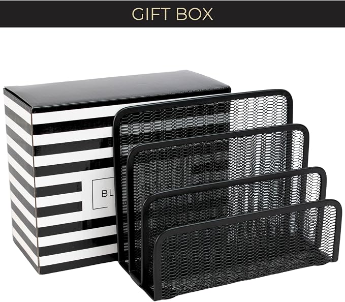 BLU MONACO Black Metal Mesh Letter Sorter | 3-Slot Mail Organizer for Desk, Office & Home | Vertical File & Envelope Holder with Non-Slip Base | Space-Saving Desktop Mail Organizer