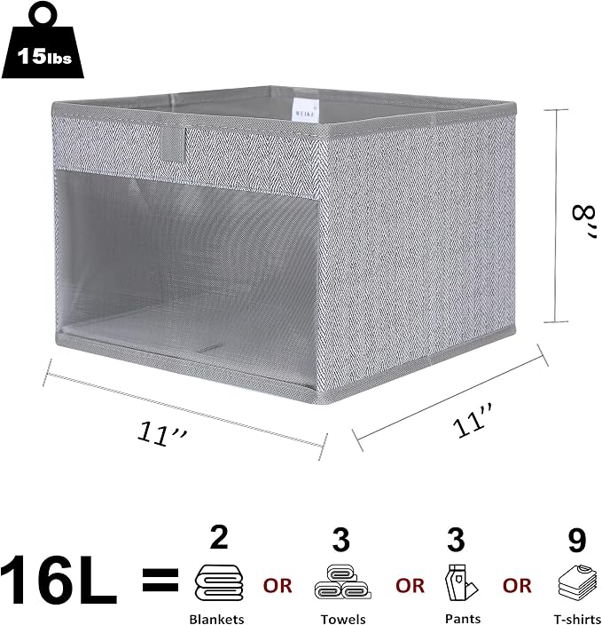WUIKE Closet Storage Bins, Medium Storage Boxes with Clear Window, Fabric Storage Baskets for Organizing Clothes, Sheets, Blankets, Decorative Storage Bins, Herringbone Gray