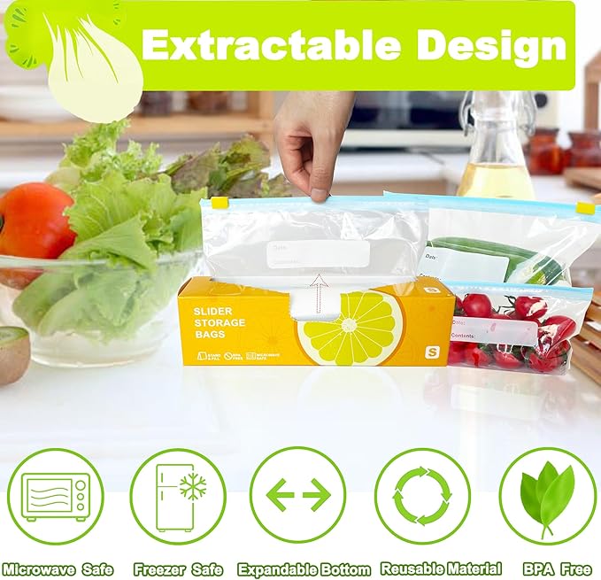 100 Pcs Food Storage Freezer Bags, 3 Sizes Zip Lock Bags, Reusable Ziplock Bags Sandwich Bags with Expandable Bottom, Heavy Duty Zip Seal Food Bags for Fruits, Vegetables, Meat, Grains, Snacks