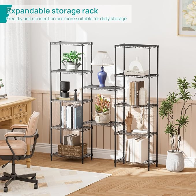 SINGAYE 6 Metal Shelves Wire Shelving Storage Shelf Adjustable Unit Pantry | 6 Tier Kitchen Laundry Room Organization Home Pantry Closet Bathroom Organizers Garage Rack 12" D x 22" W x 69.5" H Black