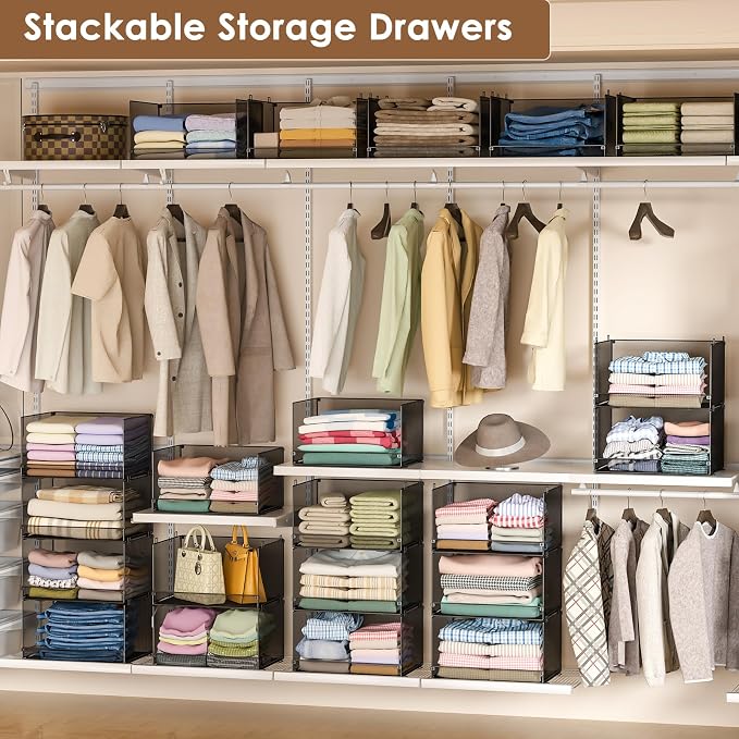 Tiaoheka 4-Tier Stackable Closet Organizers and Storage, Metal Wire Storage Shelves for Closet,Mesh Closet Shelves and Storage Bins for Clothes, Sweaters and Handbags