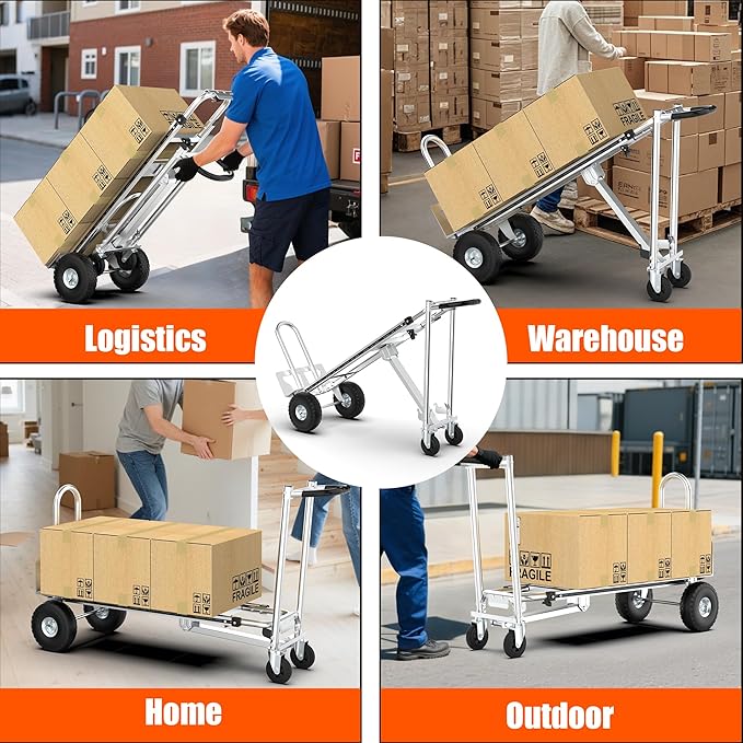 3in1 Convertible Hand Truck Dolly Cart, 880 lb Aluminum Hand Trucks Heavy Duty Furniture Appliance Dolly W/10 Wheels,Utility Shopping Cart for Transport & Moving Office, Home & Warehouse Use (Silver)