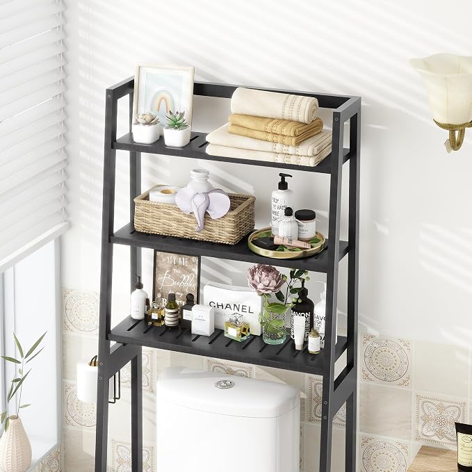 MallKing Over The Toilet Bathroom Organizer, Wooden 3-Tier Over-The-Toilet Storage Rack Bathroom Space Saver Organizer, Freestanding Above Toilet with Toilet Paper Holder and Hooks (Black)