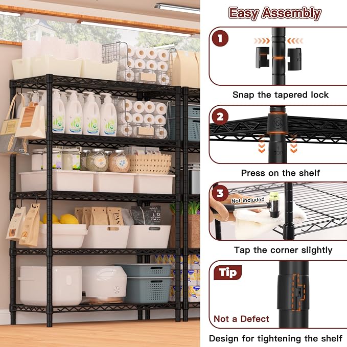 PrimeZone Wire Metal Storage Shelves - 5 Tier Adjustable NSF Certified Heavy Duty Garage Shelving Unit Organizer Rack, Steel Utility Shelf for Kitchen, Pantry, 35.5" W x 14" D x 72" H, Black, 2 Packs
