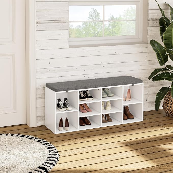 41" Shoe Storage Bench with Cushion, Entryway Shoe Rack with 10 Cubbies, Multifunctional Shoe Organizer Bench for Hallway, Bedroom, Living Room, White