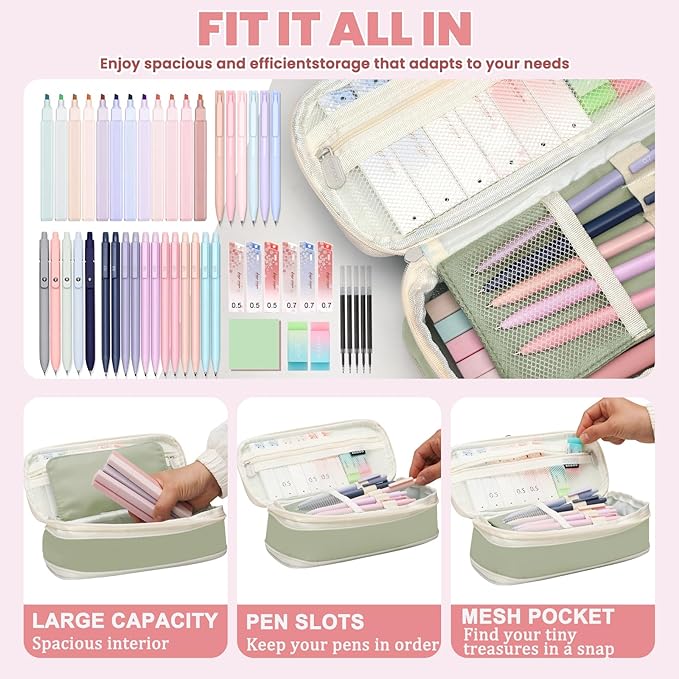 50 PCS Aesthetic School Supplies with Cute Pen Case,12 Pastel Highlighters,5 Black Ink Gel Pens, 12 Mechanical Pencils Set 0.5 & 0.7 mm 6 Color Gel Pens for Students Stationary College Essentials
