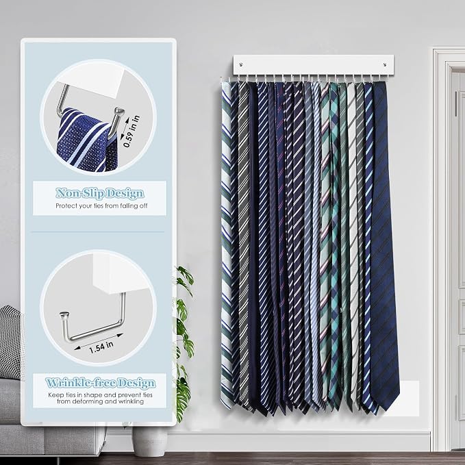 Tie Rack Belt Hanger Wall Mounted, Lomrsiul Non Slip 180 Degree Rotating Tie Organizer for Men Closet with 18 Hooks Closet Organizers and Storage for Tie Belt Necklace Purse Scarf Bag White 2 Pack