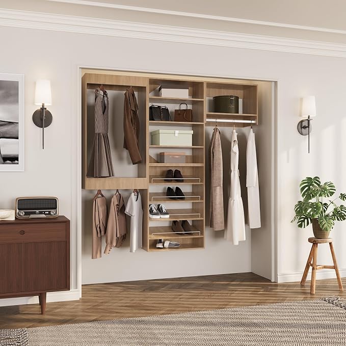 ROOMTEC Modular Closet System, 90" Wall Mounted Modern Closet Organizer with Hanging Rods and Shoe Shelf, Wooden Tower for Walk-In Closets, Wardrobe Storage Kit, Wood