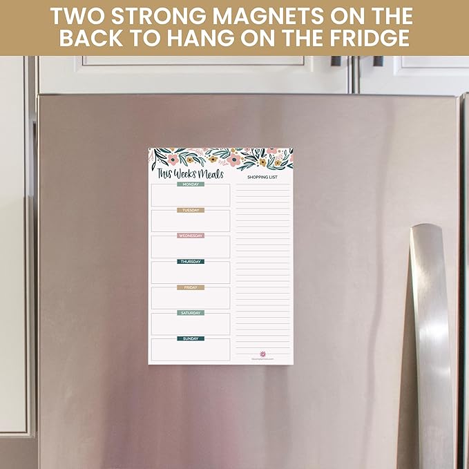 bloom daily planners Weekly Meal Planning Pad - Magnetic Hanging Refrigerator Menu Planner with Tear-Off Sheets & Perforated Grocery Shopping Lists - 6” x 9” (Garden Blooms)