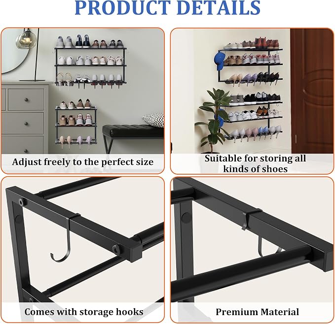 4 Pack Wall Mounted Shoe Rack, 3 Tier Hanging Shoe Rack Holds 48 Pairs, 17"-30"Adjustable Heavy Duty Metal Shoe Organizer Holder with 8 Storage Hooks, Space Saving for Closet Entryway Doorway（Black)