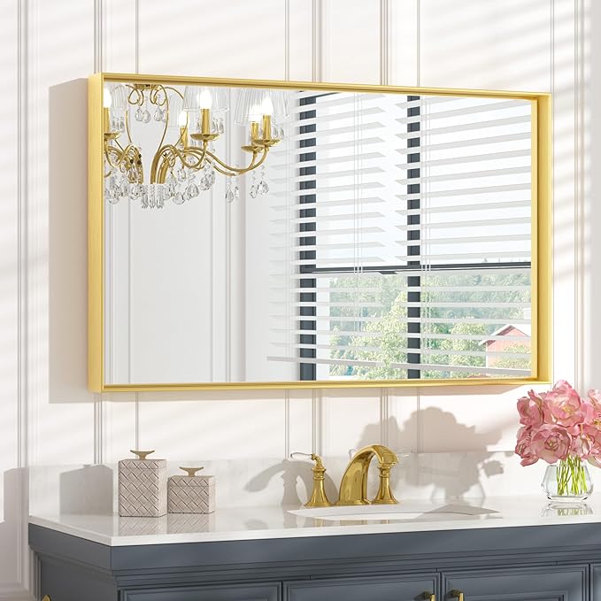 Keonjinn Gold Mirror for Bathroom 40 x 24 Inch, Brushed Gold Rectangular Mirror for Wall, Metal Framed Mirrors for Bathroom Sink, Full Length Rectangle Vanity Mirrors