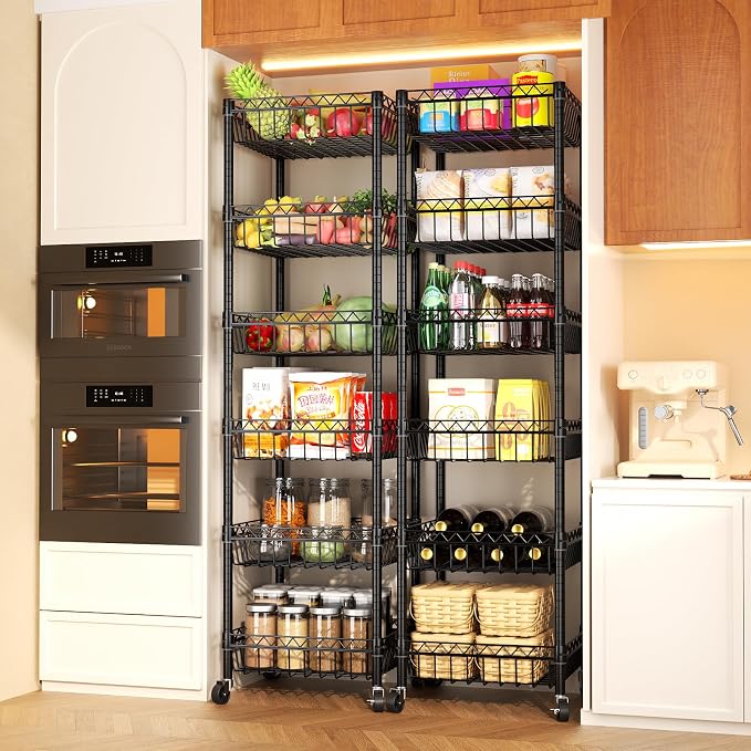 SINGAYE 6 Tier Shelf Wire Shelving Adjustable Storage Shelves Basket Rack | Adjustable Shelves with Wheels Metal Storage Unit Closet Bathroom Organizers Pantry Kitchen Garage Laundry Room Black