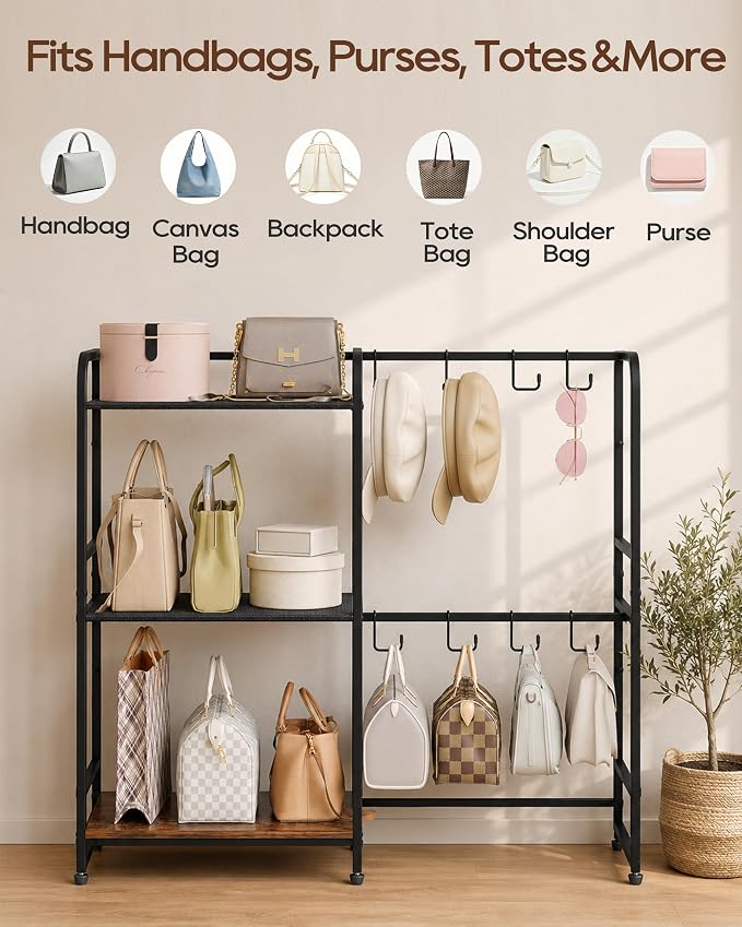 Large Purse Organizer, 3-Tier Purse Rack, Wall Mount or Freestanding | Stores handbags, totes and purses with 12 hooks, Adjustable layout keeps bags visible, freestanding or wall mounted organizer