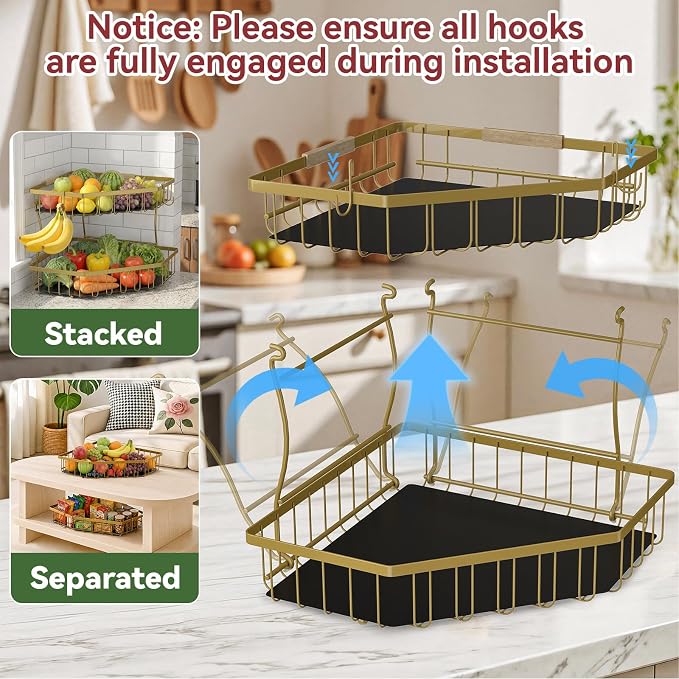 2 Tier Fruit Basket for Kitchen Counter - Detachable Metal Fruit Bowl with 2 Banana Hangers for Corner , Large Capacity Fruit Stand with Wooden Handle for Bread Fruit and Vegetable Storage - Gold
