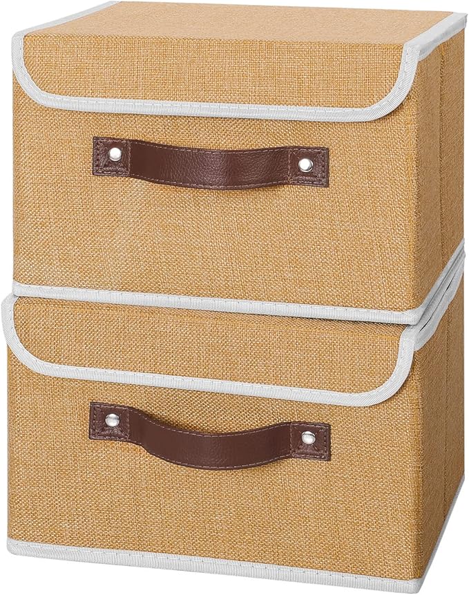ANMINY 2PCS Storage Bins with Lid PU Leather Handles Storage Boxes PP Plastic Board Decorative Foldable Lidded Cotton Linen Fabric Home Cubes Baskets Closet Organizer Containers - Khaki, Small Size