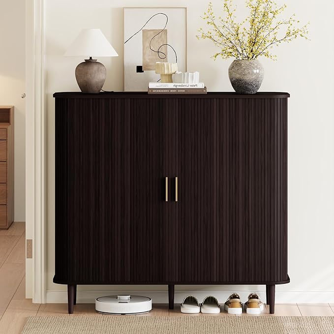 DHH Shoe Storage Cabinet with Sliding Door, 6-Tier Shoe Cabinet with Adjustable Shelves, Modern Freestanding Shoe Storage Organizer for Entryway, Hallway, Living Room (Dark Walnut, 47 ")
