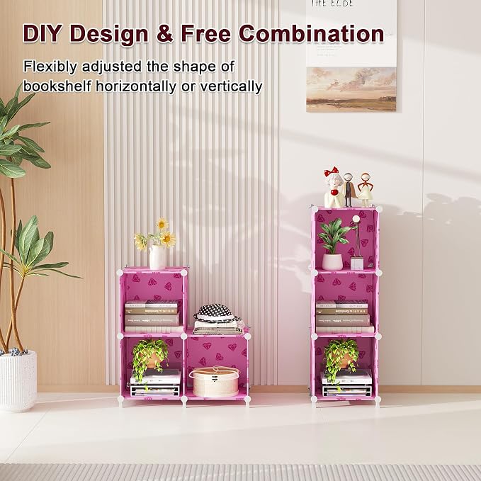 UNKU Cube Storage Organizer, 3 Cube Closet Organizer Storage Shelves, DIY Stackable Bookcase, Clothes Organizer Shelf for Closet, Bedroom, Living Room, Cabinet, Home, Office, Pink