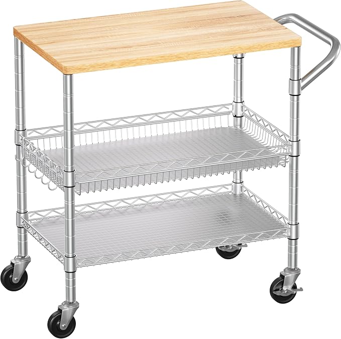 WDT 3 Tier Rolling Kitchen Carts with Wheels, Heavy Duty Rolling Utility Cart with Wood Tabletop, Commercial Grade Metal Cart with Handle and Hooks, NSF Storage Serving Island Carts, Light Wood+Metal