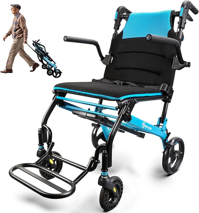 Wheelchairs for Adults Transport Chair Lightweight Foldable with Telescopic Handle, 18-Inch Seat Width Portable Folding Travel Wheel Chairs for Seniors