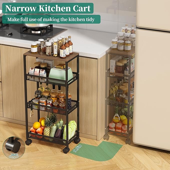 Utility Slim Storage Cart, 4 Tier Rolling Cart with Wheels, Laundry Shelves with Wood Top, Narrow Cabinet for Bathroom Organization, Small Organizer for Kitchen, Office and Dorm (Black, 9.1'')