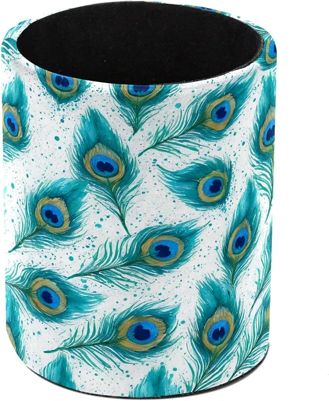 Leather Pen Holder for Desk, Peacock Feather Pencil Cup Pen Organizer Makeup Brush Holder for Office Home Kids Countertop Desk Accessory Storage
