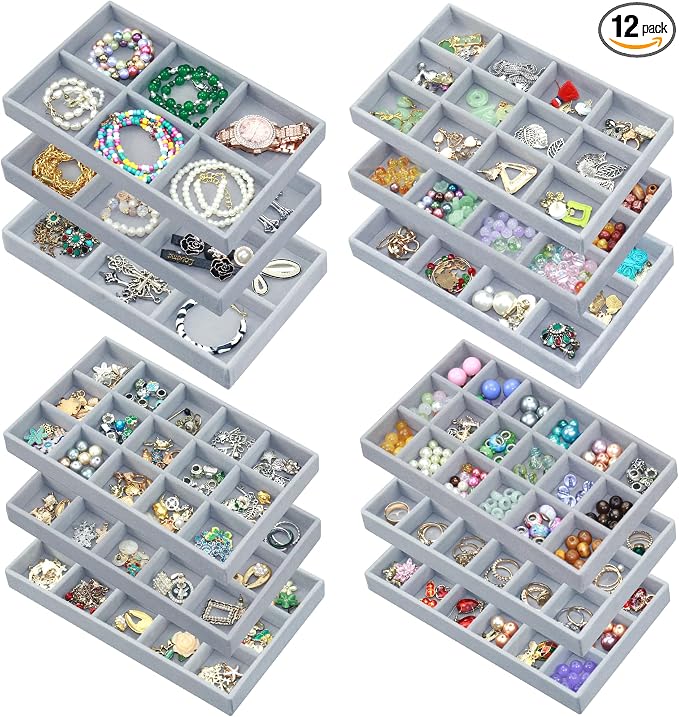 12 Pack Velvet Jewelry Drawer Organizer Trays Stackable Jewelry Storage Inserts Set Jewelry Tray for Earring Necklace Rings Bracelet with Removable Dividers for Dresser & Vanity